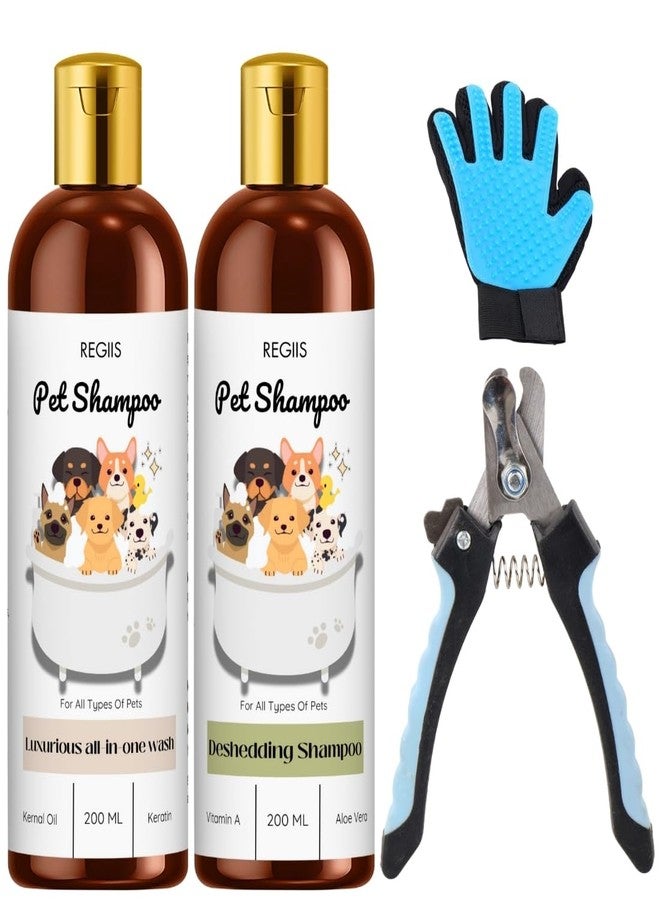 REGIIS Pet Shampoo Set with Grooming Tools, 2 x 200 ML Bottles, Deshedding Shampoo and All-in-One Wash, Includes Nail Clipper and Grooming Glove for Dogs(4 Pack) - Image 1